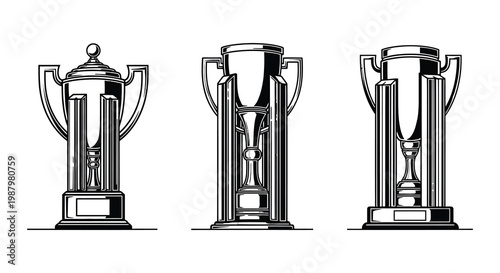 Black and white illustration of trophies a rosette and a soccer ball badge