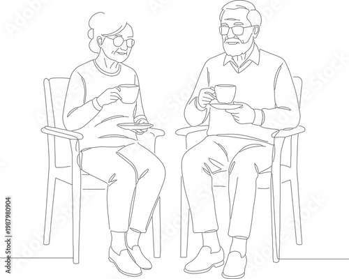 Simple Line Drawing Elderly Couple Drinking Tea Illustration Graphics