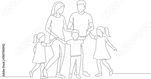 Minimalist Line Art Family with Three Children Group Illustration