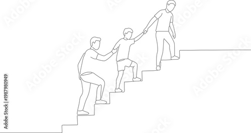 Minimalist Outline Illustration People Helping Each Other Climbing Up the Stairs