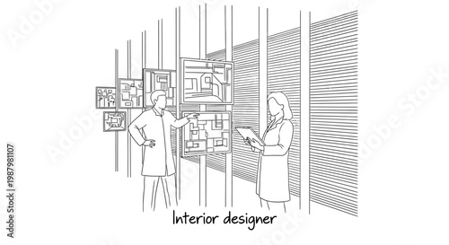 An interior designer presents architectural plans and concepts to a client discussing design details