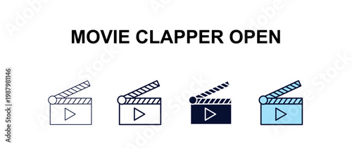movie clapper open multi-style outline icon set - cinema concept. Thin line, regular, filled, colored movie clapper open icon