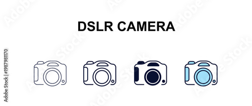 dslr camera multi-style outline icon set - cinema concept. Thin line, regular, filled, colored dslr camera icon
