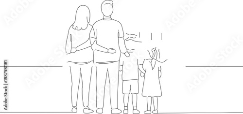 Simple Outline Family with Two Children Drawing Illustration