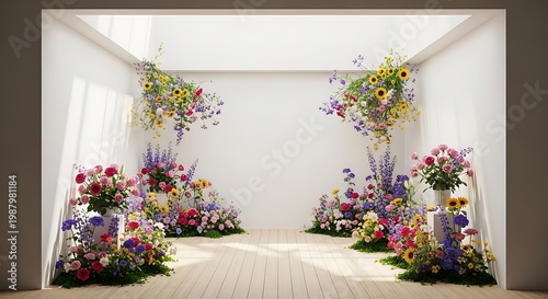 Empty square room with flowers