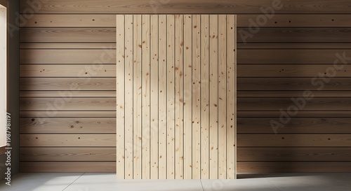 Empty room with wooden panel wall background, vertical natural wood plank banner.