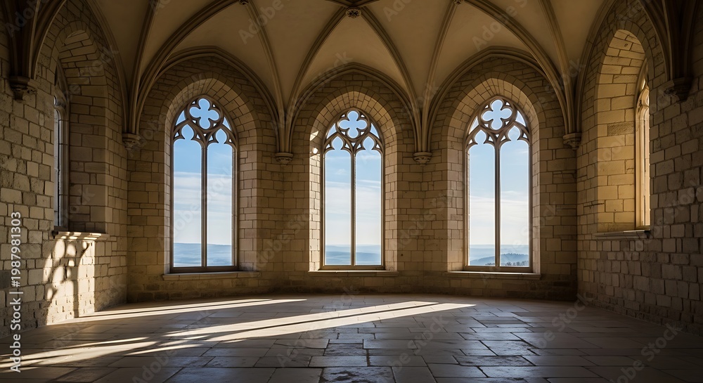 Obraz premium Empty room with arched windows and stone walls, overlooking a distant landscape.
