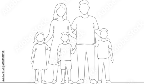 Minimalist Outline Line Art Family Portrait with Parents and Three Children