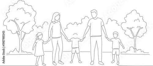 Minimalist Outline Family Holding Hands Walking in the Park Illustration