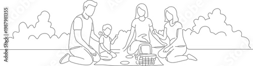 Minimalist Outline Drawing Family Enjoying Picnic Time Illustration in Nature