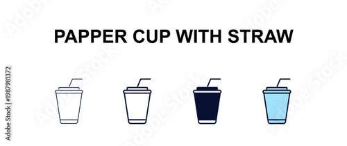 papper cup with straw multi-style outline icon set - cinema concept. Thin line, regular, filled, colored papper cup with straw icon