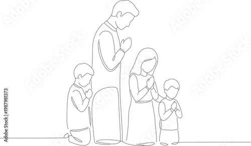 Minimalist Outline Continuous Line Drawing Family Praying Together Spiritual Illustration