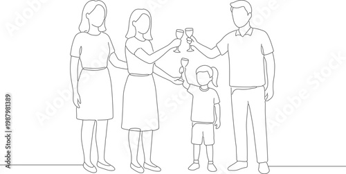 Minimalist Line Drawing Family Toasting with Wine Glasses Celebration Illustration