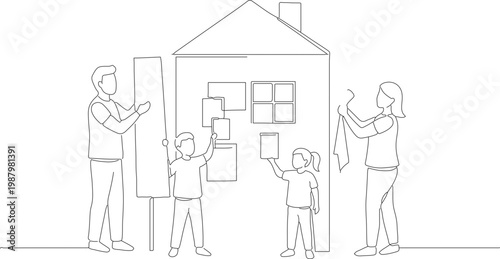Minimalist Outline Happy Family Hanging Picture in The House Illustration