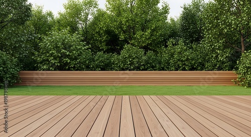 Modern contemporary empty wooden terrace with green lawn and plank fence background surrounded by green nature