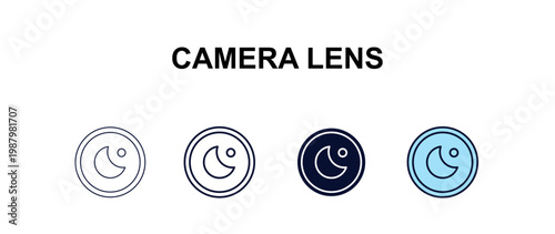 camera lens multi-style outline icon set - cinema concept. Thin line, regular, filled, colored camera lens icon