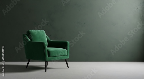 Living room interior has an green armchair on empty dark green wall background