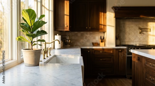 Modern kitchen interior, dark wood cabinets, white countertops, houseplant