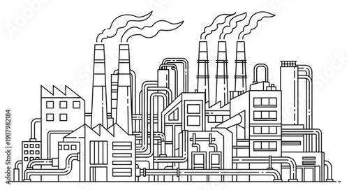 Industrial Factory Complex with Smoking Chimneys and Pipes.