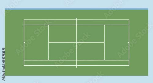 Tennis court with white lines on green surface.