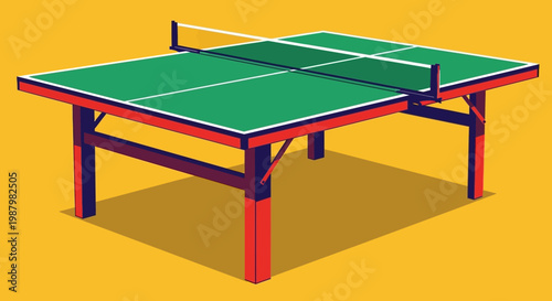 A green ping pong table with red frame.