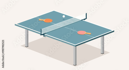 Ping pong table with rackets and ball.