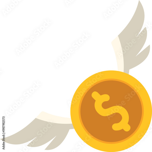 Dollar coin with wings conceptualizing money disappearing or inflation