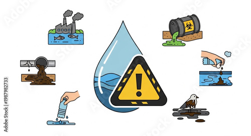 Water pollution warning with industrial and environmental hazards.