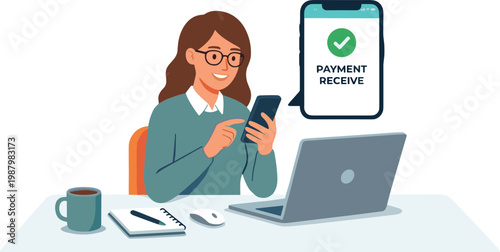 Woman sitting at desk receives payment notification on phone and laptop