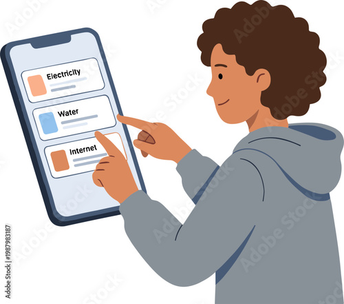 Person interacting with smartphone displaying utility bills in a modern setting