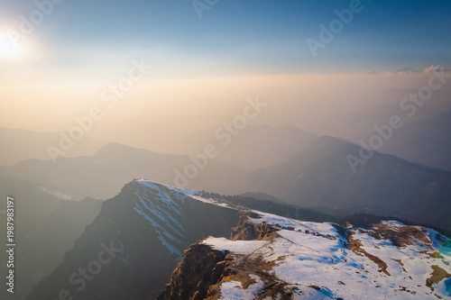 Photography Snowy mountain peak at sunrise Tungnath temple, Uttarakhand, India