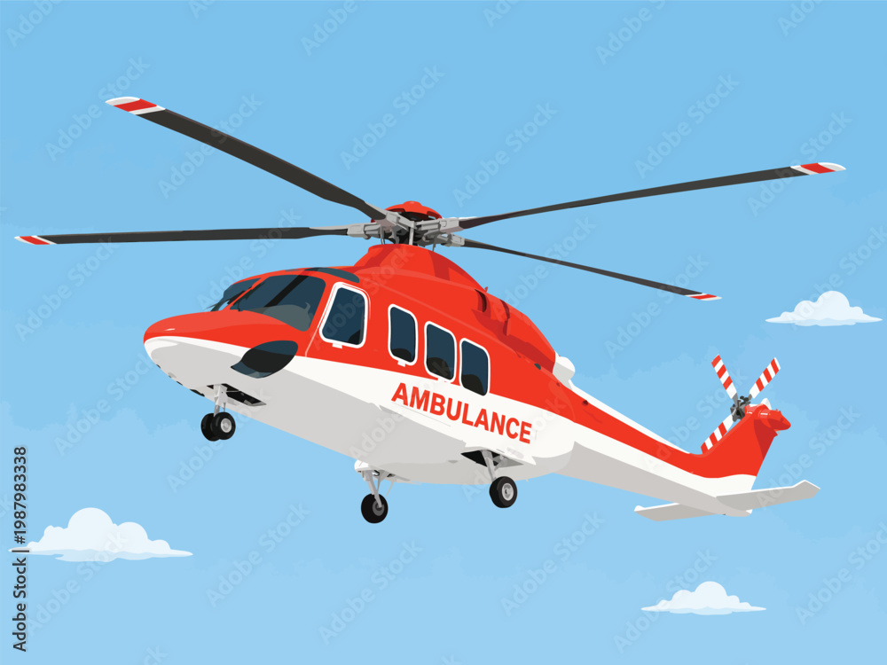 Fototapeta premium 079-25-Red and white ambulance helicopter flying in blue sky with clouds