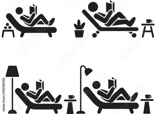 People Relaxing on Chaise Longue Illustration in Black and White Minimalist Lifestyle Style