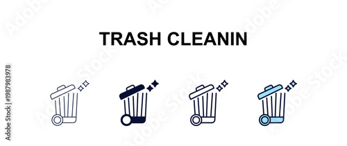 trash cleanin multi-style outline icon set - cleaning concept. Thin line, regular, filled, colored trash cleanin icon