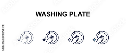washing plate multi-style outline icon set - cleaning concept. Thin line, regular, filled, colored washing plate icon