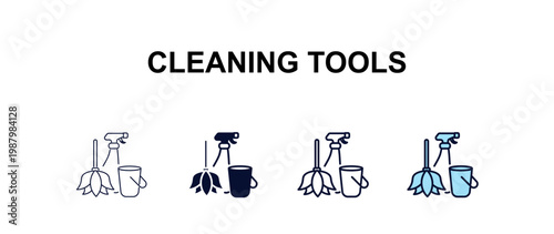 cleaning tools multi-style outline icon set - cleaning concept. Thin line, regular, filled, colored cleaning tools icon