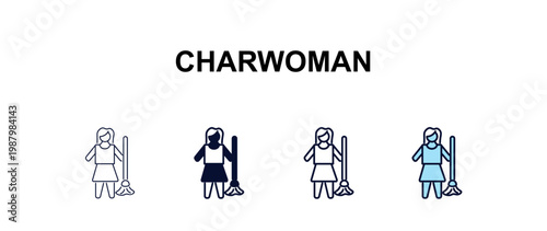 charwoman multi-style outline icon set - cleaning concept. Thin line, regular, filled, colored charwoman icon