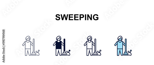 sweeping multi-style outline icon set - cleaning concept. Thin line, regular, filled, colored sweeping icon