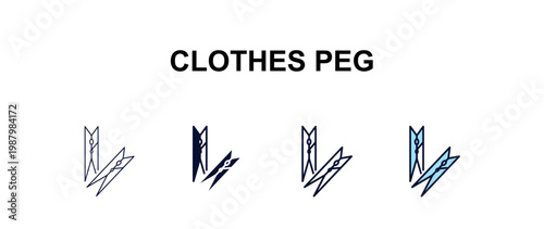 clothes peg multi-style outline icon set - cleaning concept. Thin line, regular, filled, colored clothes peg icon