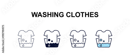 washing clothes multi-style outline icon set - cleaning concept. Thin line, regular, filled, colored washing clothes icon