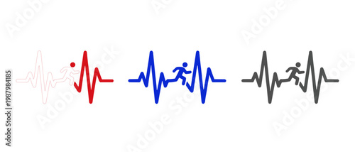 Running heartbeat line icon set, athlete heart rate rhythm signal, human person jogging within medical cardiogram wave pulse, minimalist vector design for health fitness sport and cardio life concept.
