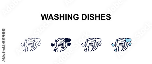 washing dishes multi-style outline icon set - cleaning concept. Thin line, regular, filled, colored washing dishes icon