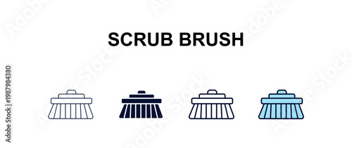 scrub brush multi-style outline icon set - cleaning concept. Thin line, regular, filled, colored scrub brush icon
