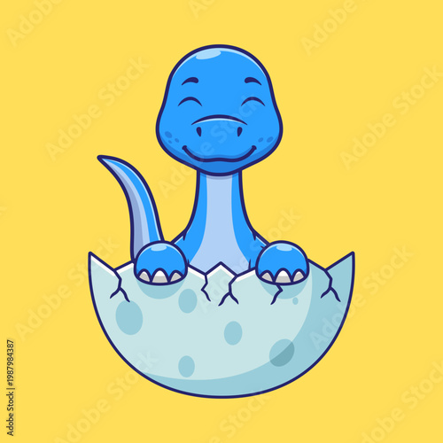 Cute Baby Blue Dinosaur Hatching from Egg Vector Illustration