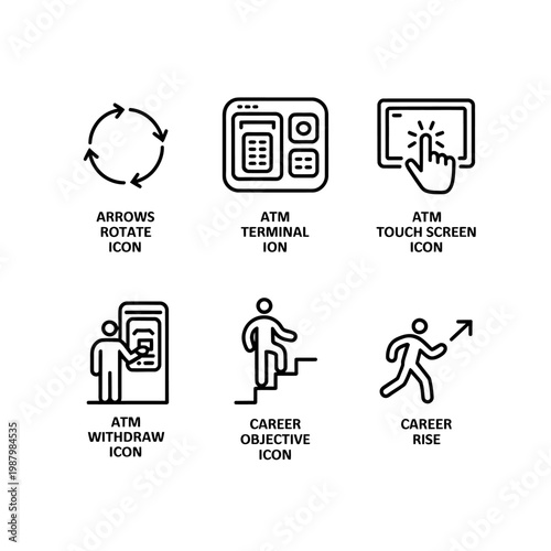 Set of business and finance icons in line style  arrows rotate atm terminal atm touch screen atm withdraw career objective career rise