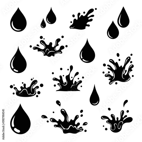 Water Drops and Splashes Icon Set.