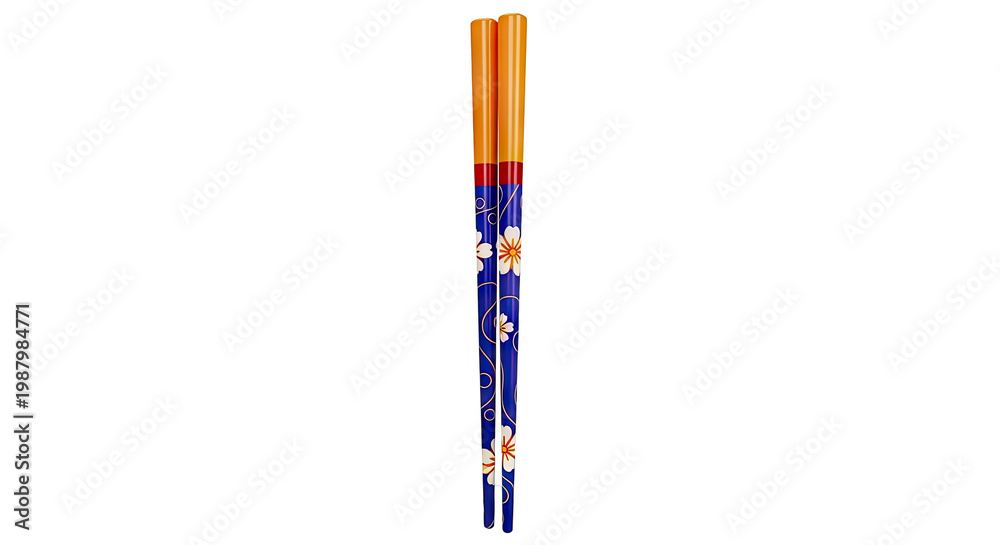 Fototapeta premium Blue Chopsticks with Orange Tips and Floral Design