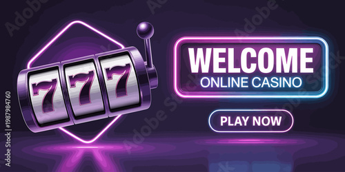 Neon lit online casino welcome message with slot machine and play now button