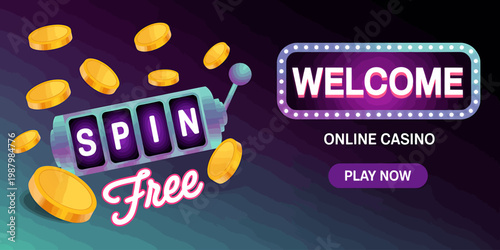 Online casino banner with spin free welcome and play now button