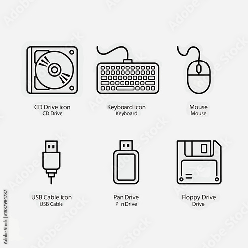 Collection of computer peripherals and storage devices icons  cd drive  keyboard  mouse